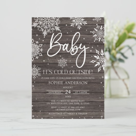 Hout Snowflake Baby Het is koud Buiten Baby shower Kaart (Staand voorkant)