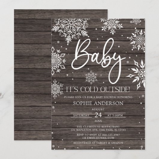 Hout Snowflake Baby Het is koud Buiten Baby shower Kaart (Voorkant / Achterkant)