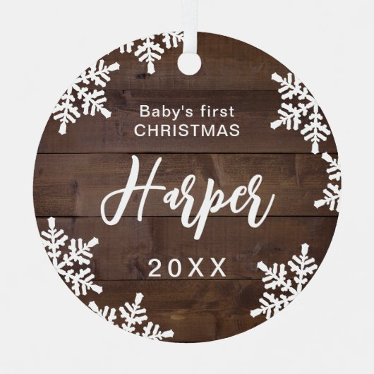 Hout Snowflakes Baby's Eerste Kerstscript Naam Metalen Ornament (Voorkant)