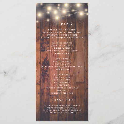 Hout String Licht Bruiloft Programmakaart (Achterkant)