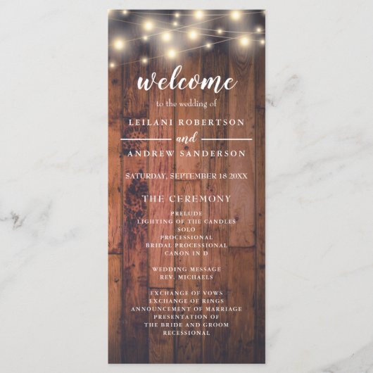Hout String Licht Bruiloft Programmakaart (Voorkant)