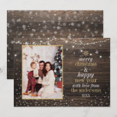 Hout String Lichten & Sneeuw | Rustieke kerstfoto Kaart (Voorkant / Achterkant)