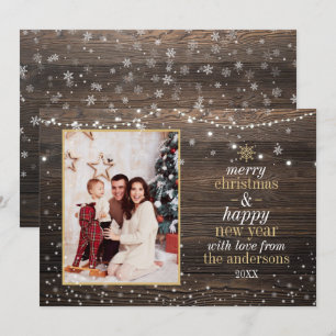 Hout String Lichten & Sneeuw   Rustieke kerstfoto Kaart