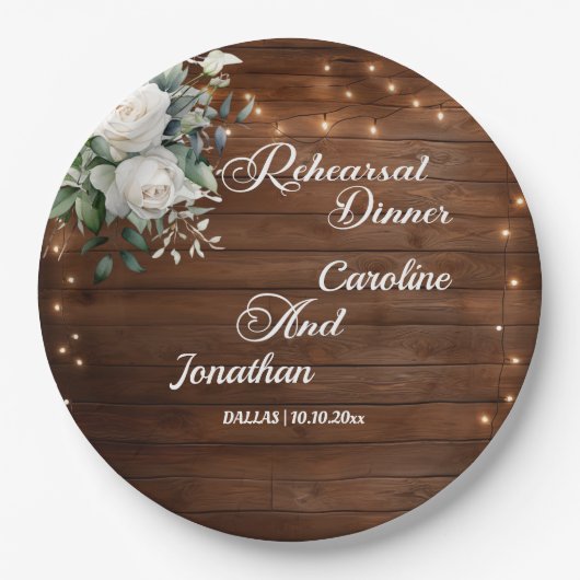 Hout String Lights Bloemen Repetitie Diner Trouwen Papieren Bordje (Voorkant)