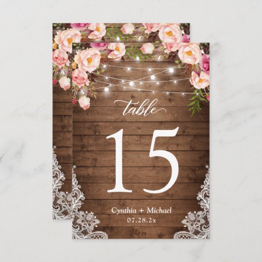 Hout String Lights Floral Wedstrijding Table Numbe RSVP Kaartje (Voorkant / Achterkant)