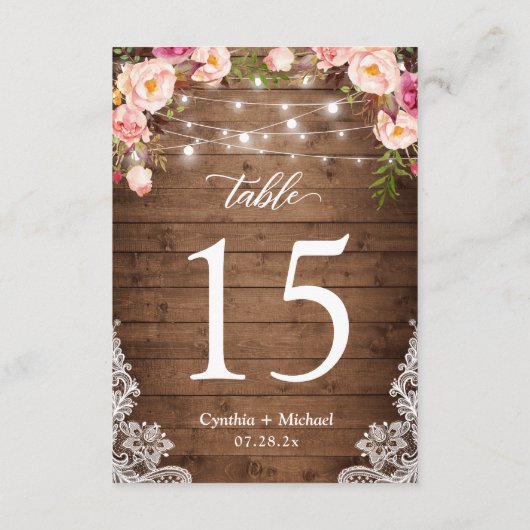 Hout String Lights Floral Wedstrijding Table Numbe RSVP Kaartje (Achterkant)