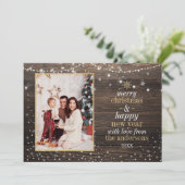 Hout, String Lights & Snow Elegant-kerstfoto Feestdagenkaart (Staand voorkant)