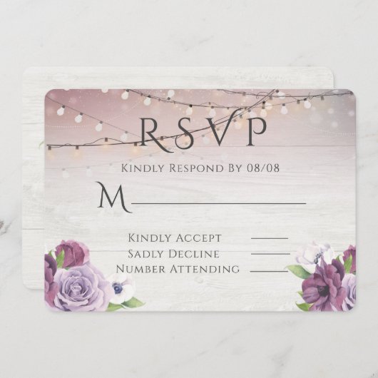 Hout String of Lights Peony Wedding RSVP Kaart (Voorkant / Achterkant)