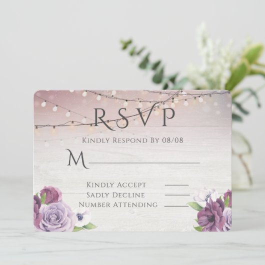 Hout String of Lights Peony Wedding RSVP Kaart (Staand voorkant)