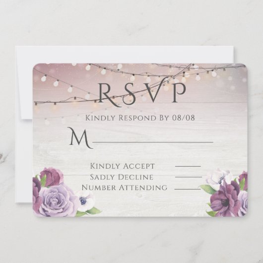 Hout String of Lights Peony Wedding RSVP Kaart (Voorkant)