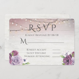 Hout String of Lights Peony Wedding RSVP Kaart