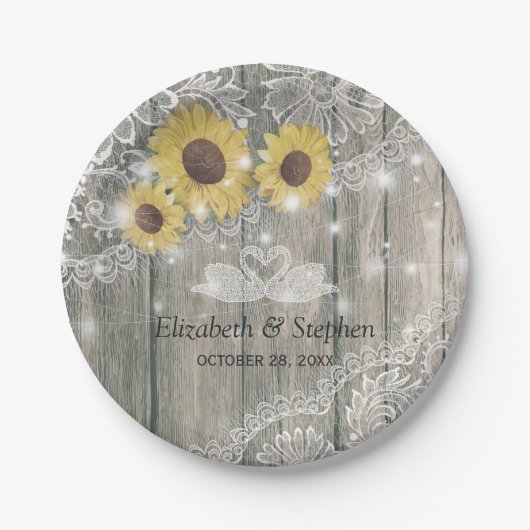 Hout Sunflower Lace String Lights Wedding Shower Papieren Bordje (Voorkant)