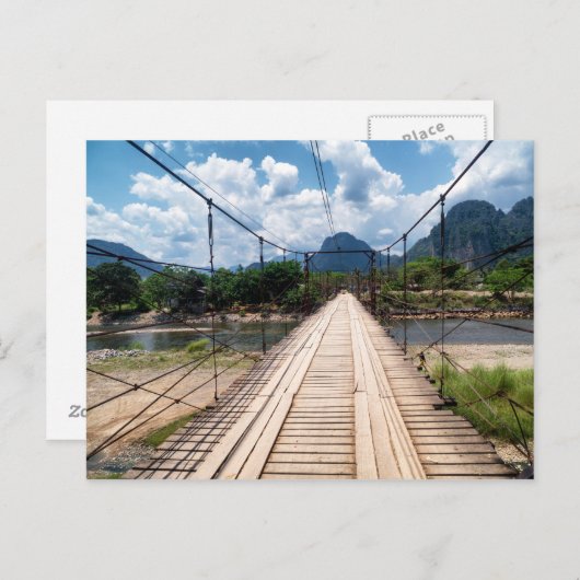 Hout Suspension Bridge over River, Vang Vieng Briefkaart (Voorkant / Achterkant)