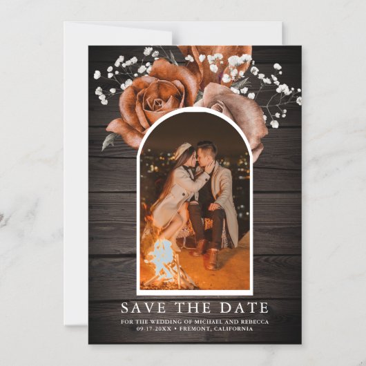 Hout Terracotta Trouwfoto Bewaar de datum Magnetische Uitnodiging (Voorkant)