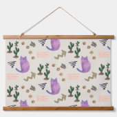 Hout Topped Wandtapijt Kat Vis Cactus Meow Hangend Wandkleed (Voorkant)