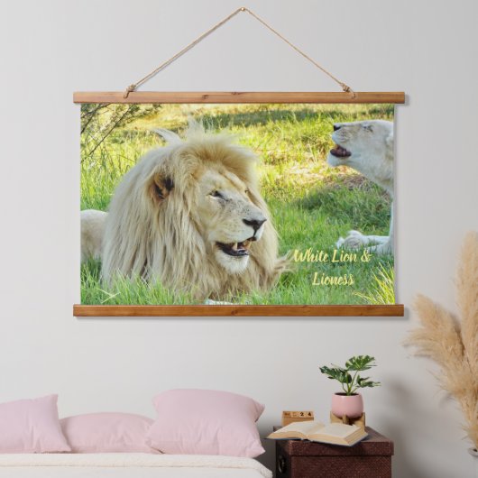 Hout Topped Wandtapijt Witte Leeuw & Leeuwin! Hangend Wandkleed (Slaapkamer)
