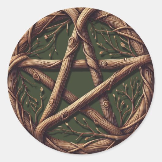 Hout Twig Pentacle Olive Green Wiccan Wedding Ronde Sticker (Voorkant)