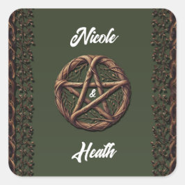 Hout Twig Pentacle Olive Green Wiccan Wedding Vierkante Sticker