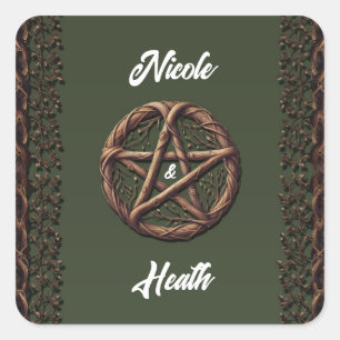 Hout Twig Pentacle Olive Green Wiccan Wedding Vierkante Sticker
