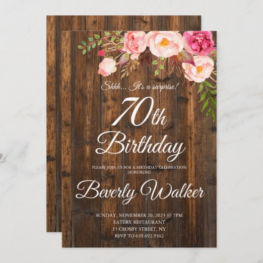 Hout Verrassing 70e Verjaardag Rustieke Bloemen Kaart (Voorkant / Achterkant)