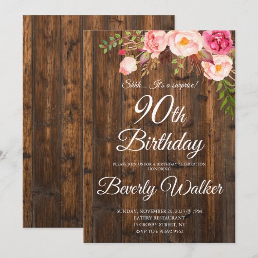 Hout Verrassing 90e Verjaardag Rustieke Bloemen Kaart (Voorkant / Achterkant)