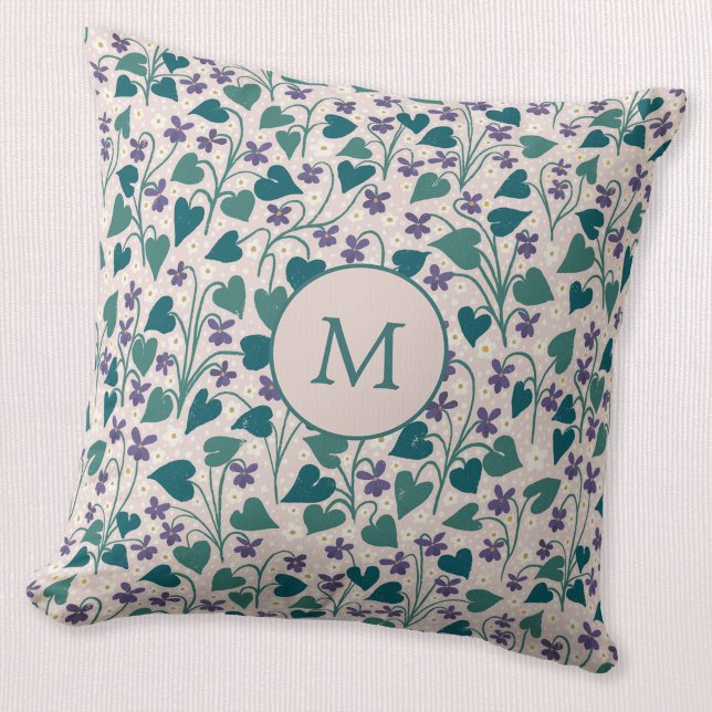 Hout Violet Anemoon Bloem Botanisch Monogram Kussen (Wood violet anemone flower wildflower monogram initial personalized throw pillow)