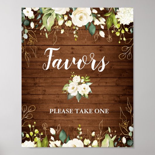 Hout & White Rose Floral Wedding Favor Sign Poster (Voorkant)