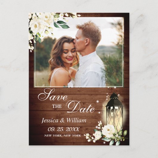 Hout White Rose Rustic PHOTO Wedding Save the Date Briefkaart (Voorkant)