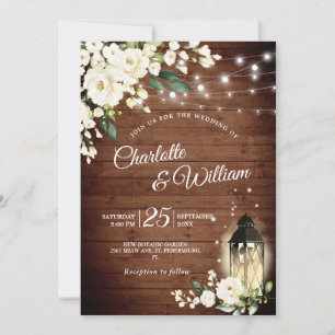 Hout & White Roses & Lantern Waterverf Wedding Kaart