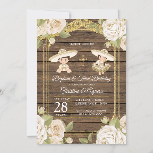 Hout White Roses Twin Baptism & Third Birthday Kaart (Voorkant)