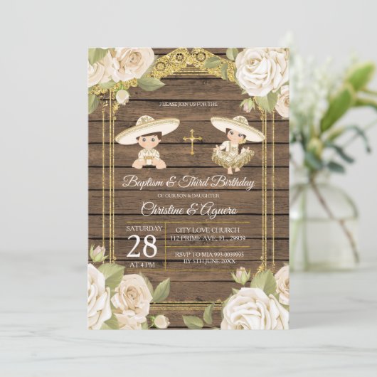 Hout White Roses Twin Baptism & Third Birthday Kaart (Staand voorkant)