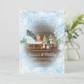 Hout Winter Onederland Blue Animal Birthday Kaart (Staand voorkant)