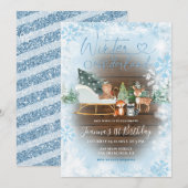 Hout Winter Onederland Blue Animal Birthday Kaart (Voorkant / Achterkant)