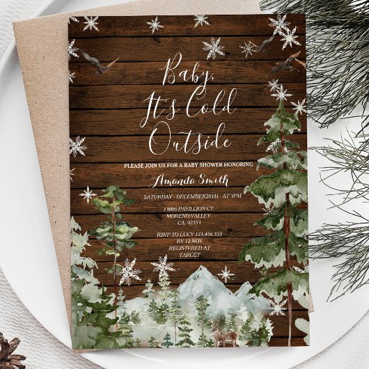 Hout Winter Pine Tree Koud Buiten Baby shower Kaart