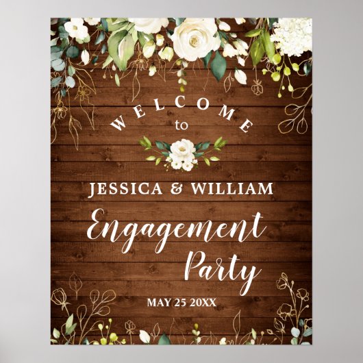 Hout & Witte Rozen Bloemeng engagementparty bord Poster (Voorkant)