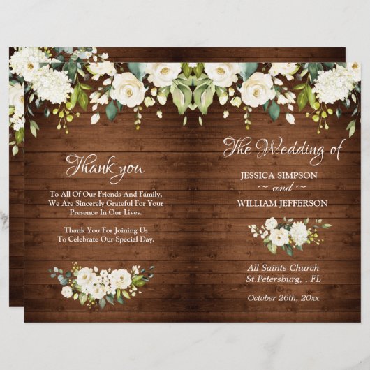 Hout & Witte Rozen Bloemrijk Rustiek Trouwprogramm (Voorkant / Achterkant)