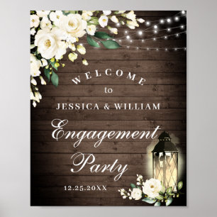 Hout & Witte Rozen Bloemstuk Verlovingsfeest Bord Poster