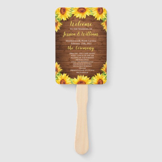 Hout Zonnebloem Rustiek Groen Bruiloft Programma Handwaaier (Voorkant)