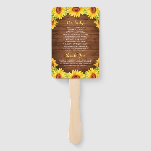 Hout Zonnebloem Rustiek Groen Bruiloft Programma Handwaaier (Achterkant)