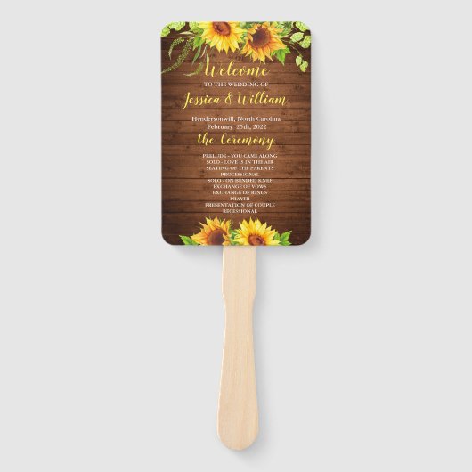 Hout Zonnebloem Rustiek Groen Bruiloft Programma Handwaaier (Voorkant)