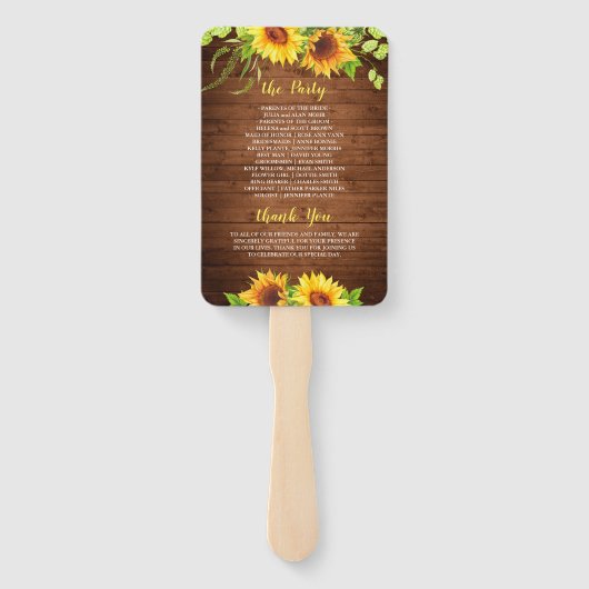 Hout Zonnebloem Rustiek Groen Bruiloft Programma Handwaaier (Achterkant)