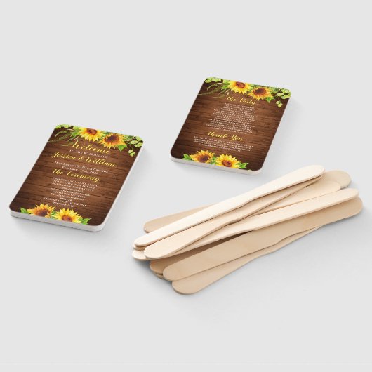 Hout Zonnebloem Rustiek Groen Bruiloft Programma Handwaaier (Niet-gemonteerd)