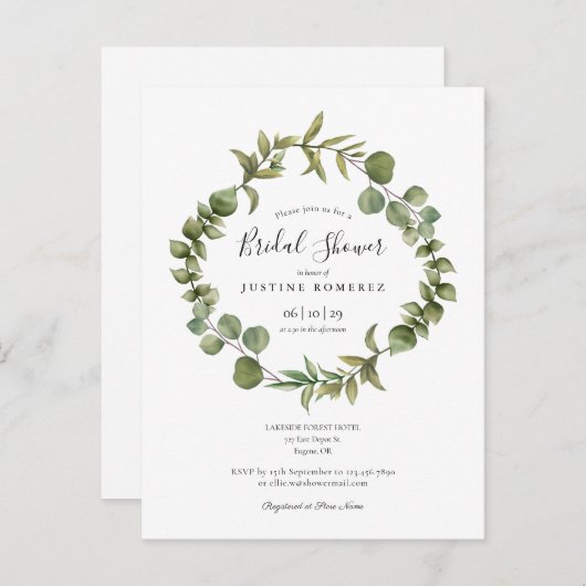 Houtachtige Eucalyptus Groene Bruidsdouche Uitnodi Aankondigingskaart (Voorkant / Achterkant)