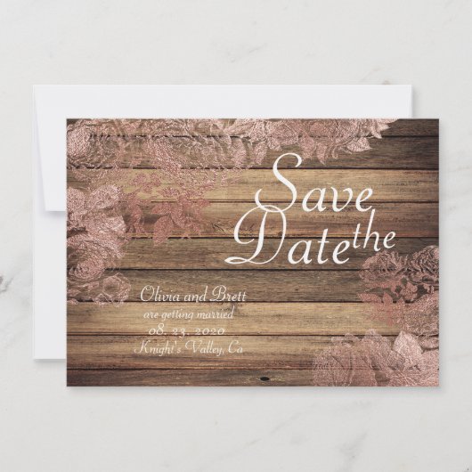 Houtachtige Rustieke Roos Kant Trouw Save The Date (Voorkant)
