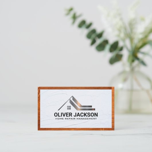 Houtafwerking | Spackle | Metaal logo voor vastgoe Visitekaartje (Staand voorkant)