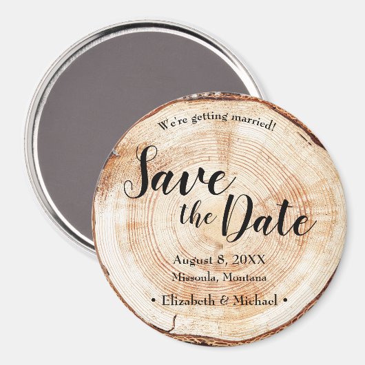 Houtbark Disc Rustic Wedding Save the Date Magneet (Voorkant / Achterkant)