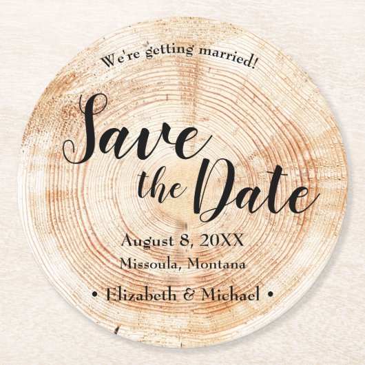 Houtbark Disc Rustic Wedding Save the Date Ronde Kartonnen Onderzetter (Voorkant)