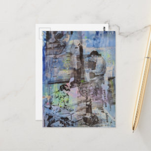 Houtbewerking Retro Mannen op een Blauwe Achtergro Briefkaart