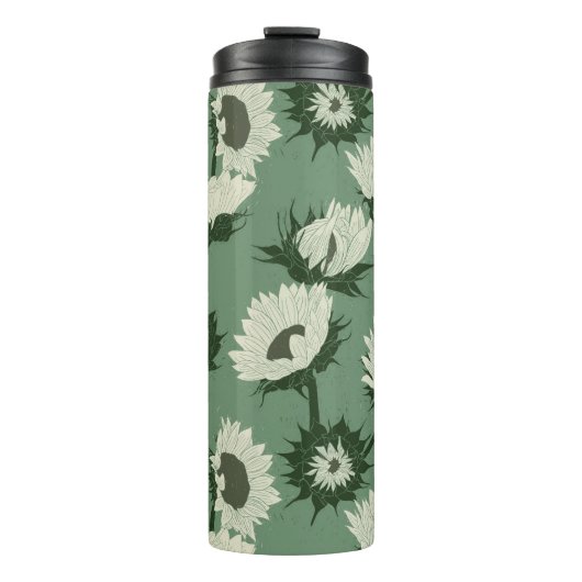 Houtblok Print Zonnebloem wit Thermosbeker (Voorkant)