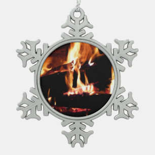Houtblokken in de Haard Warm Vuur Fotografie Tin Sneeuwvlok Ornament